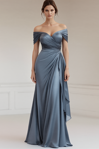 Grey Blue Off the Shoulder Sheath Satin Maxi Formal Dress