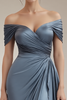 Load image into Gallery viewer, Grey Blue Off the Shoulder Sheath Satin Maxi Formal Dress