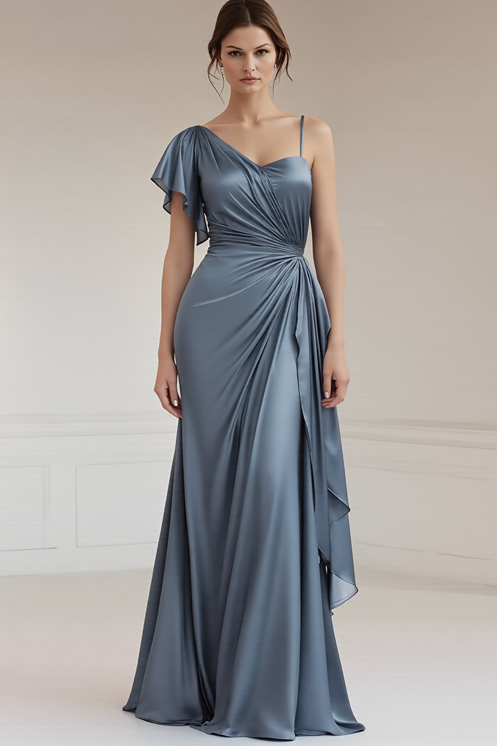 Grey Blue Sheath Satin Asymmetrical Maxi Formal Dress
