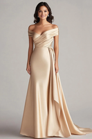 Load image into Gallery viewer, Women Champagne Mermaid Maxi Satin Formal Dress Ruched Off the Shoulder Evening Dress
