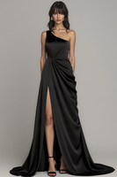 Load image into Gallery viewer, Satin Peacock A Line One Shoulder Maxi Formal Dress with Slit