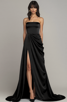Load image into Gallery viewer, Black Strapless Satin A Line Maxi Formal Dress with Slit