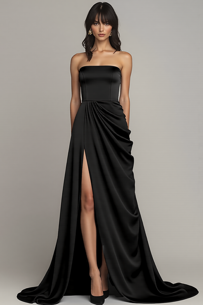 Black Strapless Satin A Line Maxi Formal Dress with Slit