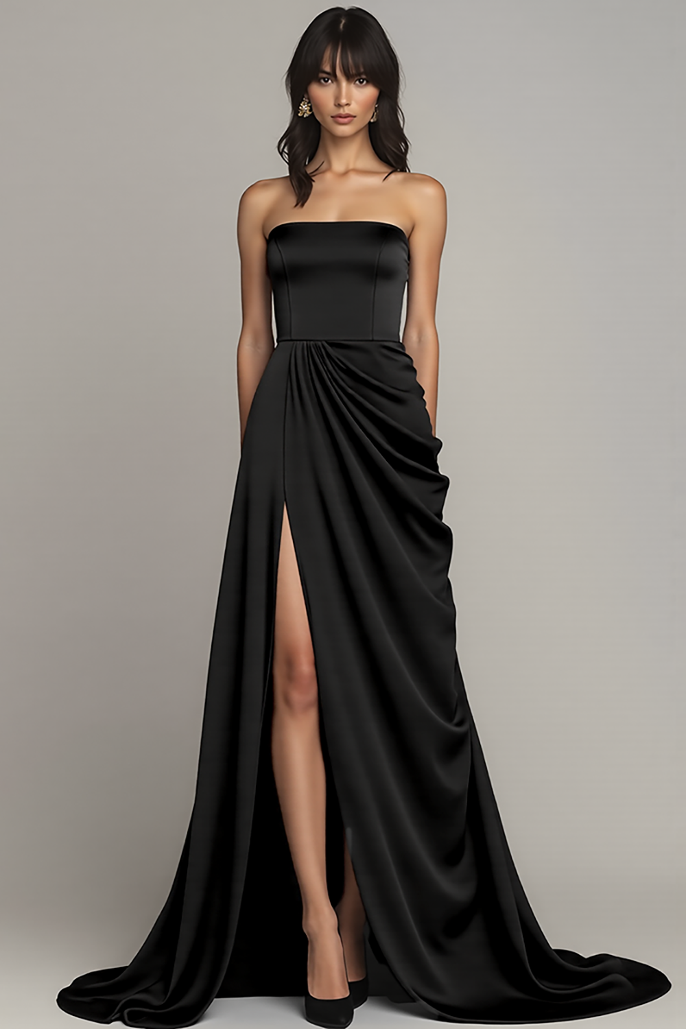 Black Strapless Satin A Line Maxi Formal Dress with Slit