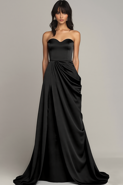 Black Sweetheart Satin A Line Maxi Formal Dress