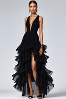 Load image into Gallery viewer, Black A Line Deep V-Neck Tiered Maxi Formal Dress with Slit