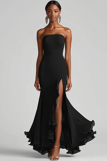 Royal Blue Strapless Sheath Maxi Chiffon Formal Dress with Slit