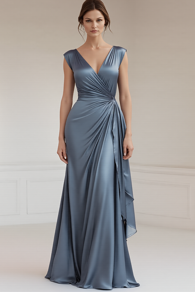 Grey Blue V-Neck Sheath Maxi Ruched Formal Dress with Ruffles