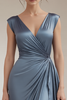 Load image into Gallery viewer, Grey Blue V-Neck Sheath Maxi Ruched Formal Dress with Ruffles