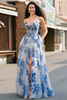 Load image into Gallery viewer, White Blue Flower Corset V-Neck A Line Maxi Prom Dress with Slit