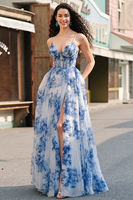 Load image into Gallery viewer, White Blue Flower Corset V-Neck A Line Maxi Prom Dress with Slit