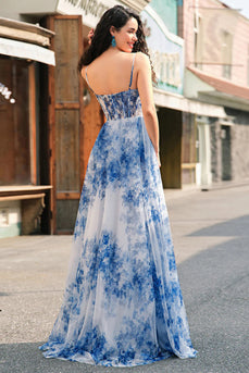 White Blue Flower Corset V-Neck A Line Maxi Prom Dress with Slit