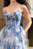 Load image into Gallery viewer, White Blue Flower Corset V-Neck A Line Maxi Prom Dress with Slit