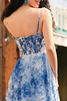 Load image into Gallery viewer, White Blue Flower Corset V-Neck A Line Maxi Prom Dress with Slit