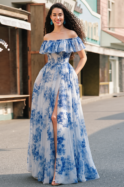 White Blue Flower A Line Off the Shoulder Maxi Prom Dress with Slit