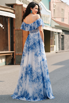 White Blue Flower A Line Off the Shoulder Maxi Prom Dress with Slit