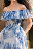 Load image into Gallery viewer, White Blue Flower A Line Off the Shoulder Maxi Prom Dress with Slit