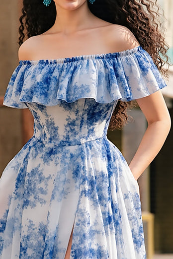 White Blue Flower A Line Off the Shoulder Maxi Prom Dress with Slit