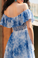 Load image into Gallery viewer, White Blue Flower A Line Off the Shoulder Maxi Prom Dress with Slit