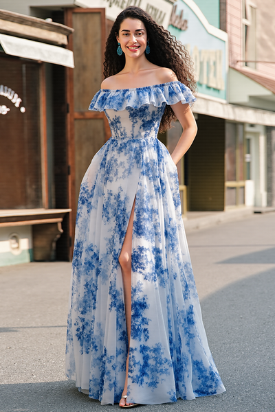 White Blue Flower A Line Ruffled Maxi Prom Dress with Slit