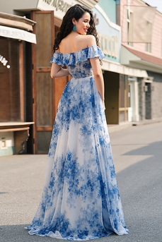 White Blue Flower A Line Ruffled Maxi Prom Dress with Slit
