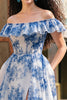 Load image into Gallery viewer, White Blue Flower A Line Ruffled Maxi Prom Dress with Slit