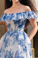 Load image into Gallery viewer, White Blue Flower A Line Ruffled Maxi Prom Dress with Slit