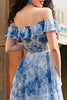 Load image into Gallery viewer, White Blue Flower A Line Ruffled Maxi Prom Dress with Slit