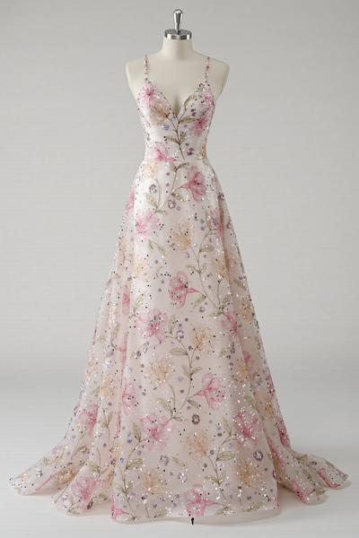 Pink A Line V-Neck Floral Maxi Prom Dress with Beading