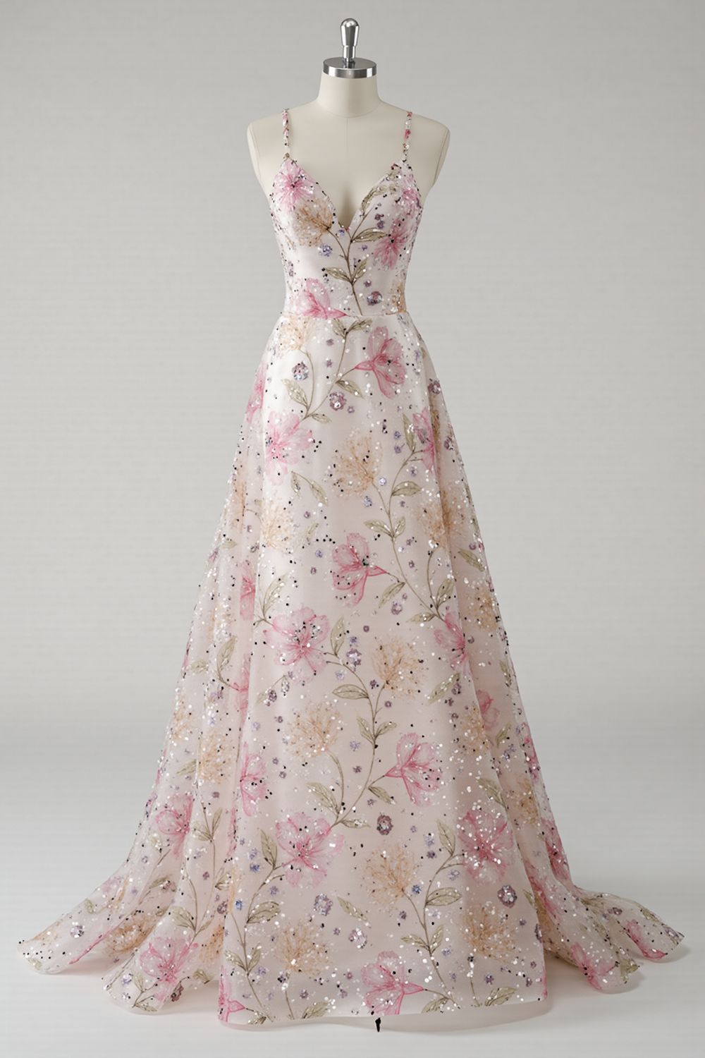 Pink A Line V-Neck Floral Maxi Prom Dress with Beading