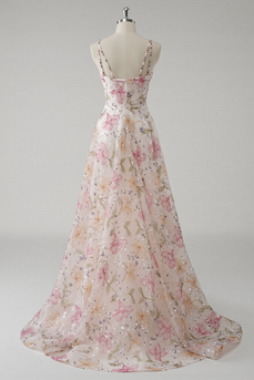 Pink A Line V-Neck Floral Maxi Prom Dress with Beading