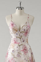 Load image into Gallery viewer, Pink A Line V-Neck Floral Maxi Prom Dress with Beading