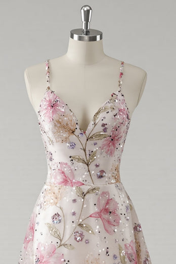 Pink A Line V-Neck Floral Maxi Prom Dress with Beading