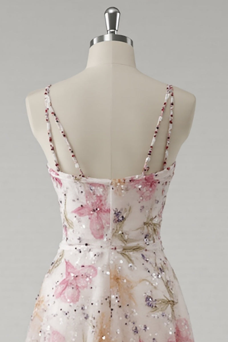 Load image into Gallery viewer, Pink A Line V-Neck Floral Maxi Prom Dress with Beading