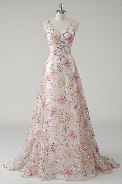 Sparkly Pink V-Neck Floral A Line Maxi Prom Dress with Beading