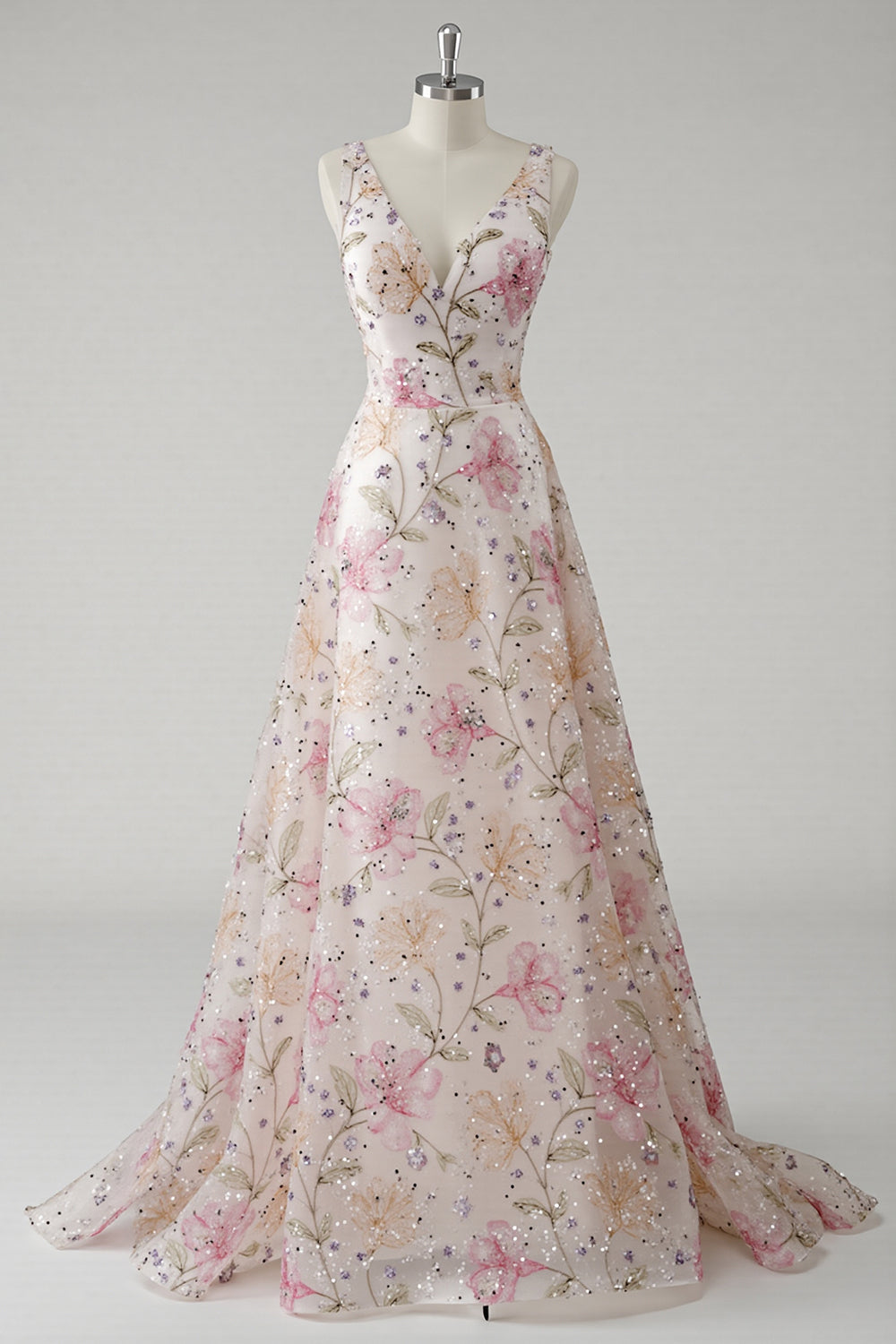 Sparkly Pink V-Neck Floral A Line Maxi Prom Dress with Beading