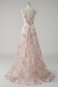 Sparkly Pink V-Neck Floral A Line Maxi Prom Dress with Beading