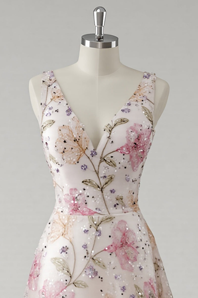 Load image into Gallery viewer, Sparkly Pink V-Neck Floral A Line Maxi Prom Dress with Beading