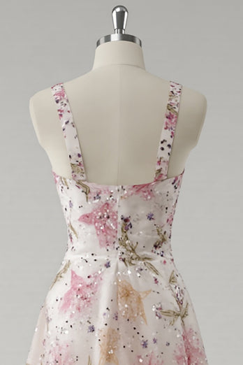 Sparkly Pink V-Neck Floral A Line Maxi Prom Dress with Beading