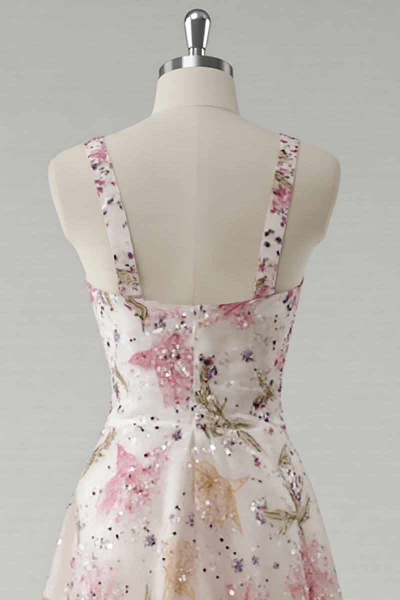 Load image into Gallery viewer, Sparkly Pink V-Neck Floral A Line Maxi Prom Dress with Beading