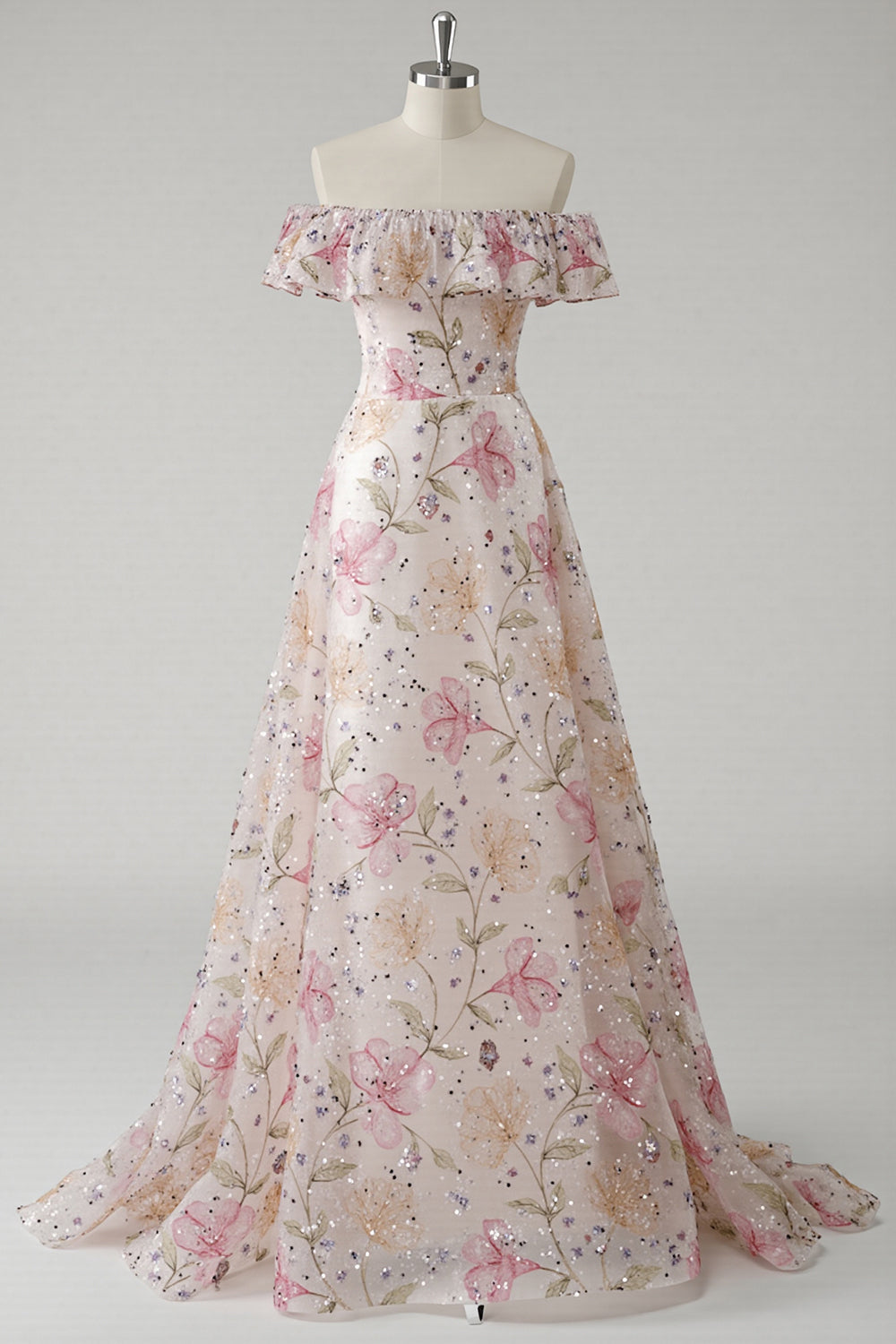 Sparkly Pink Off the Shoulder Floral A Line Maxi Prom Dress with Ruffles