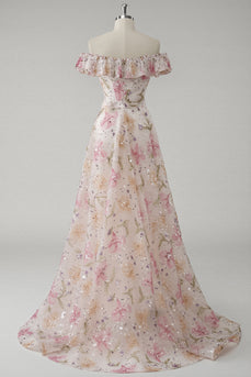 Sparkly Pink Off the Shoulder Floral A Line Maxi Prom Dress with Ruffles