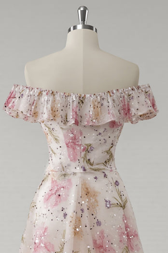 Sparkly Pink Off the Shoulder Floral A Line Maxi Prom Dress with Ruffles