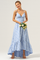 Load image into Gallery viewer, Blue A Line V-Neck High-Low Floral Bridesmaid Dress