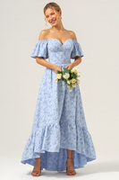 Load image into Gallery viewer, Blue A Line Off the Shoulder Maxi Floral Bridesmaid Dress with Short Sleeves