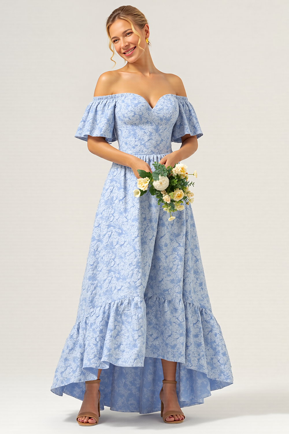 Blue A Line Off the Shoulder Maxi Floral Bridesmaid Dress with Short Sleeves