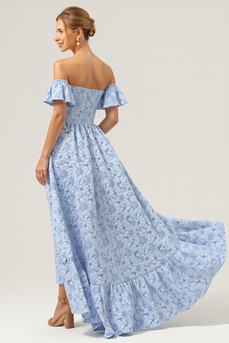 Blue A Line Off the Shoulder Maxi Floral Bridesmaid Dress with Short Sleeves
