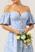 Load image into Gallery viewer, Blue A Line Off the Shoulder Maxi Floral Bridesmaid Dress with Short Sleeves