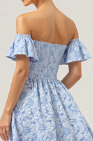 Load image into Gallery viewer, Blue A Line Off the Shoulder Maxi Floral Bridesmaid Dress with Short Sleeves