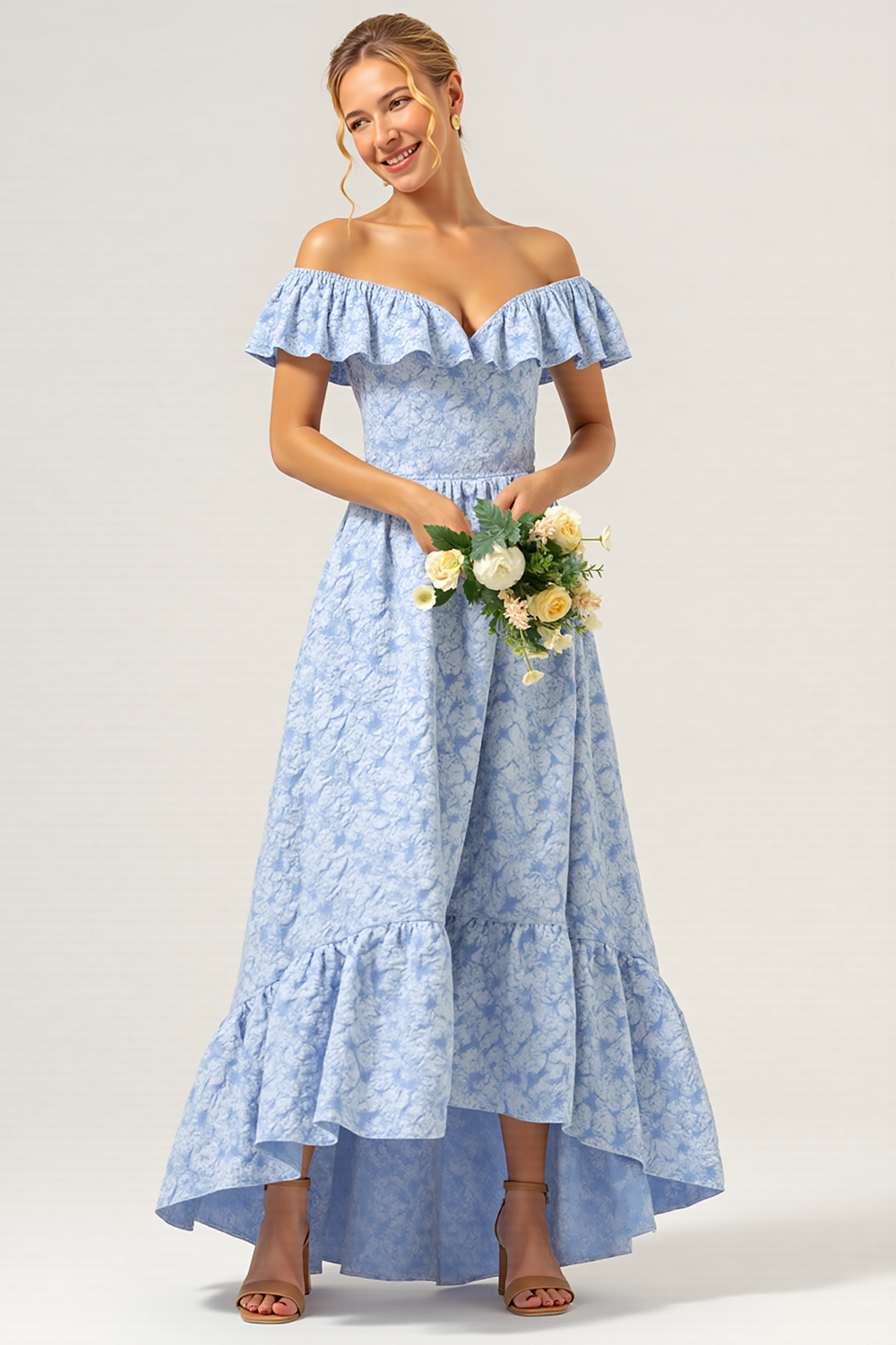 Blue Off the Shoulder Floral Maxi A Line Bridesmaid Dress with Ruffles